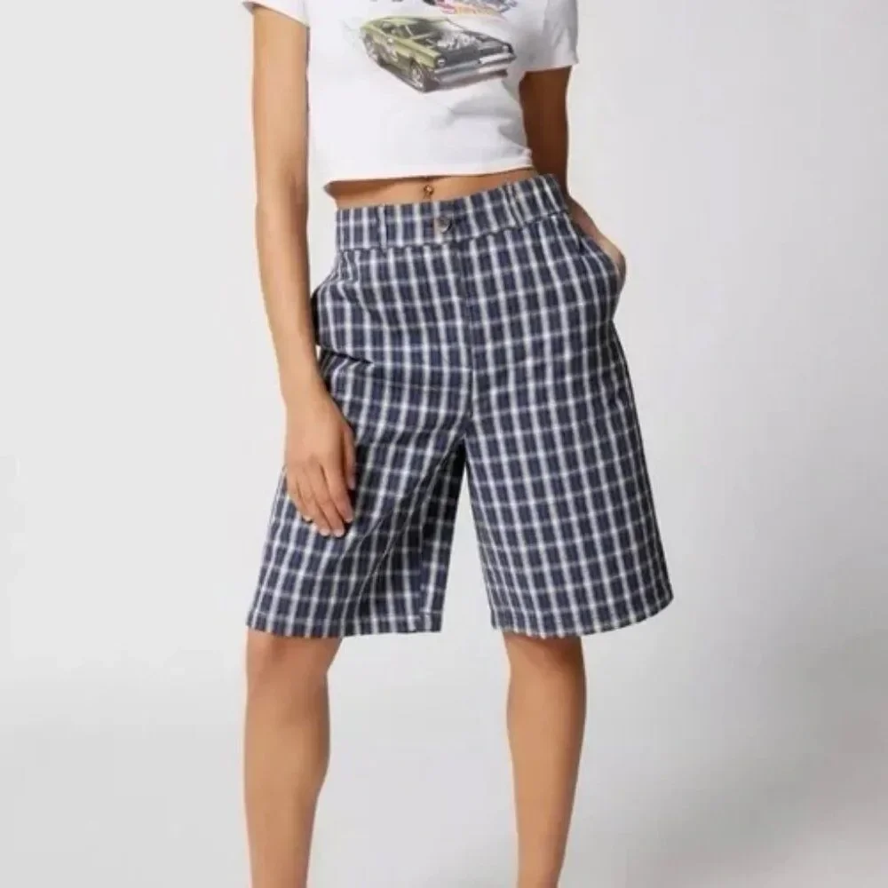 Urban Outfitters Playa Plaid Longline Shorts Size Large Blue White Relaxed Baggy
